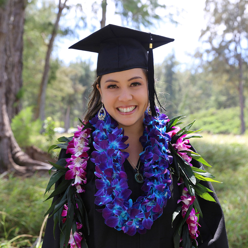 GRADUATION LEI 2 PACK - MAILE TI LEAF STYLE WITH ORCHID LEI WRAP & DOUBLE DYED ORCHID LEI