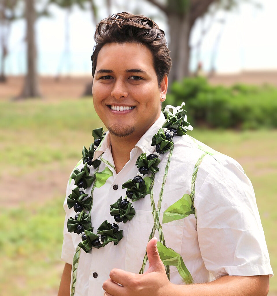 Kukui nut lei combined with folded green ti leaf