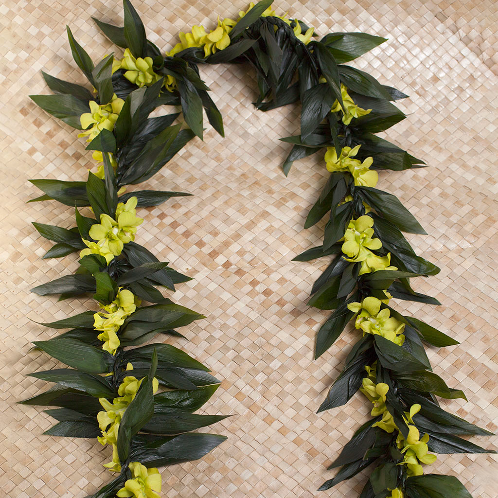 MAILE STYLE TI LEAF LEI WITH ORCHID LEI WRAP