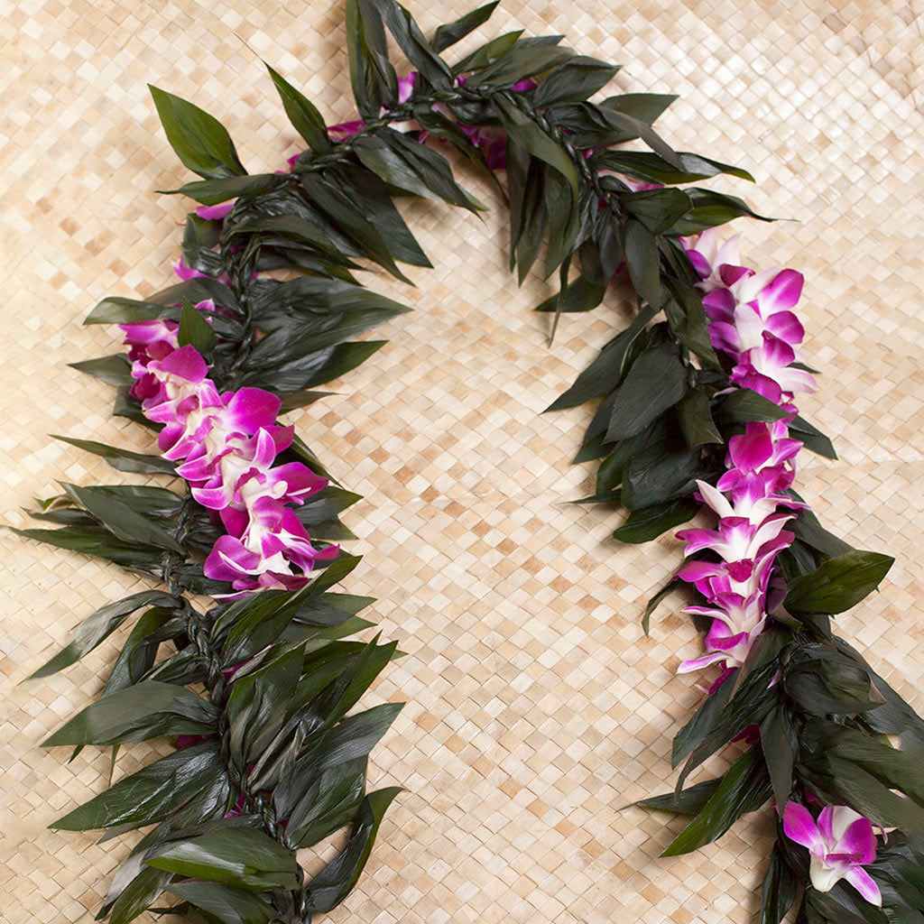 GRADUATION LEI 2 PACK - MAILE STYLE TI LEAF LEI WITH ORCHID WRAP & DOUBLE PURPLE ORCHID LEI