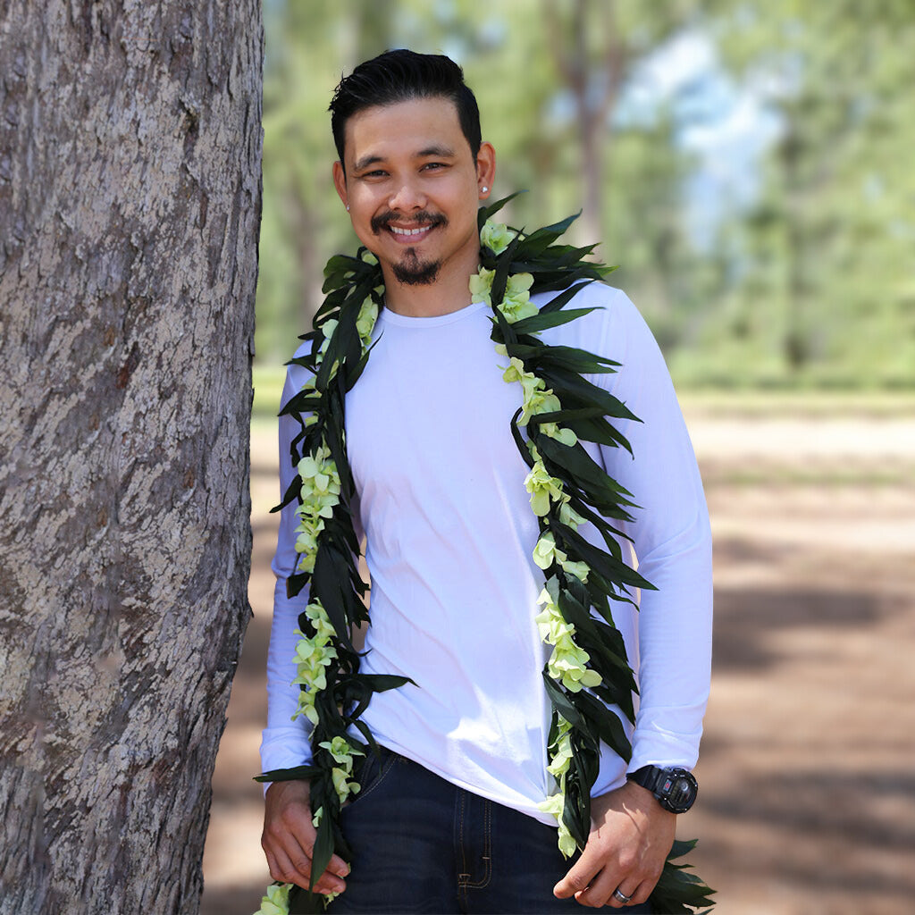 MAILE STYLE TI LEAF LEI WITH ORCHID LEI WRAP