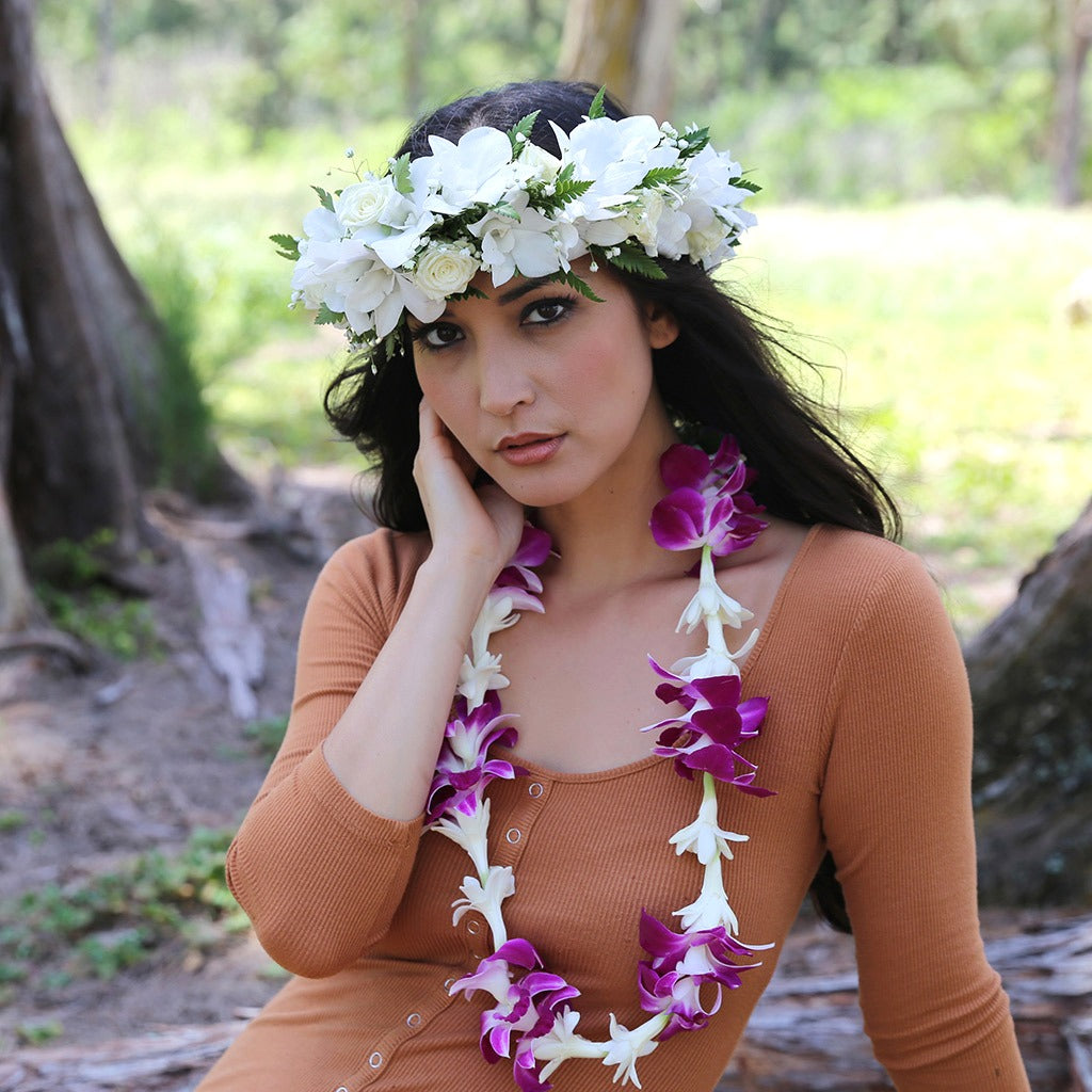 Handcrafted White Orchid Haku Lei flower crown & Tuberose lei