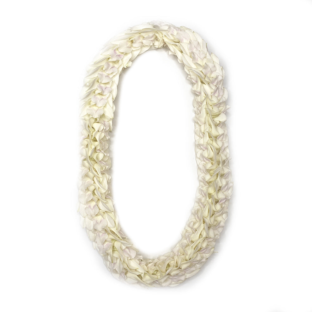 White orchid pikki-style lei with clustered orchid blooms