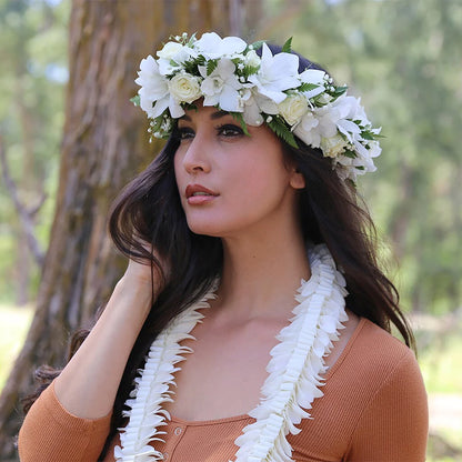 Handcrafted White Orchid Haku Lei traditional Hawaiian flower crown for weddings and graduation.