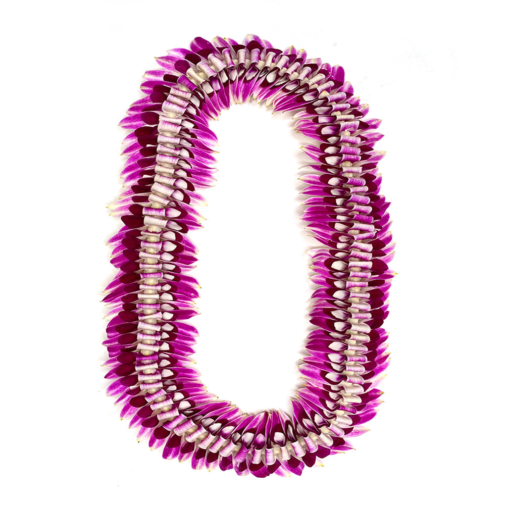Purple orchid Alana-style lei with rounded floral inserts