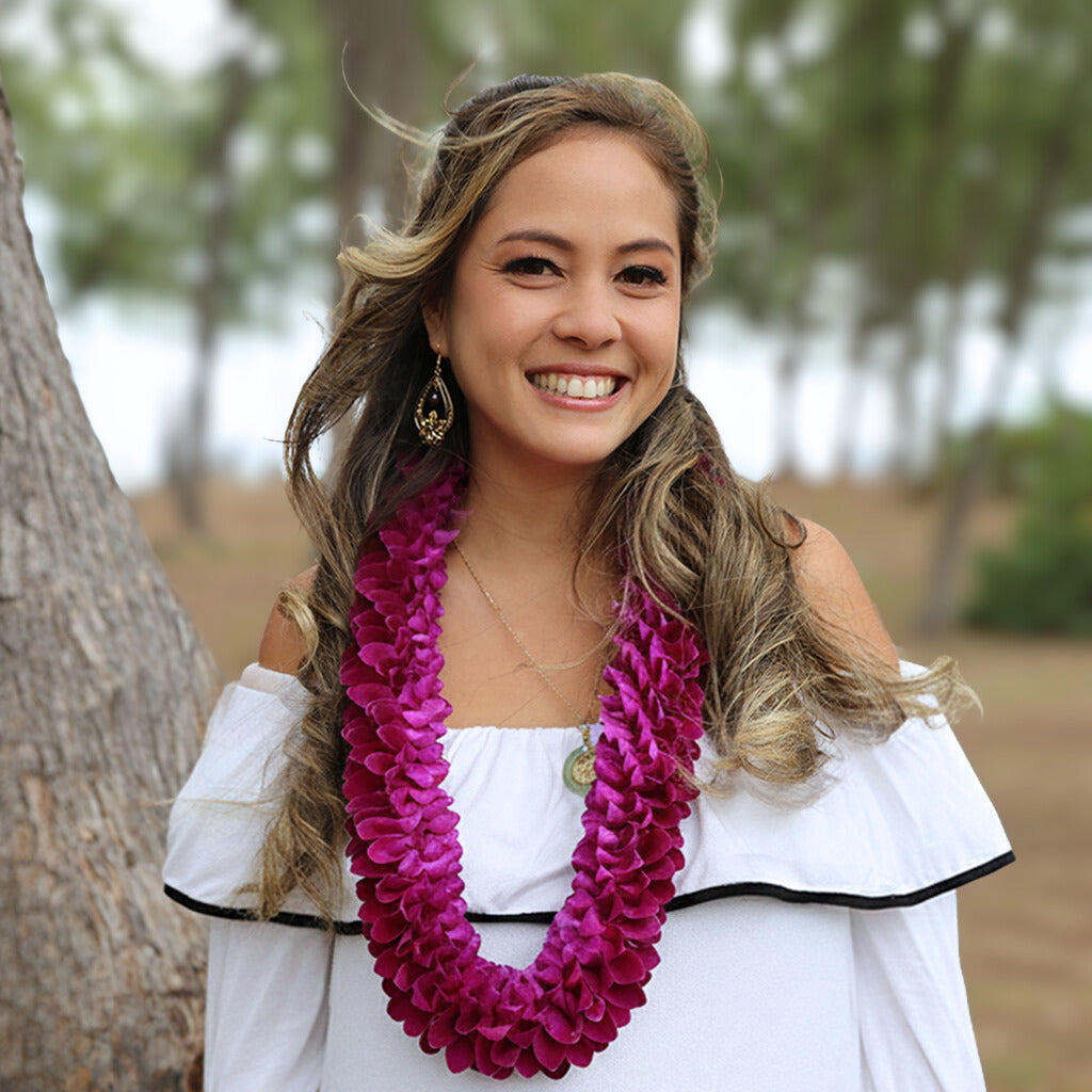 Purple Fancy orchid lei designed in a spiral pattern