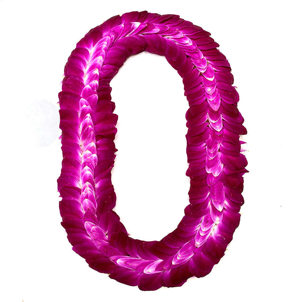 Purple orchid fancy lei made with soft orchid petals resembling a feathered pattern
