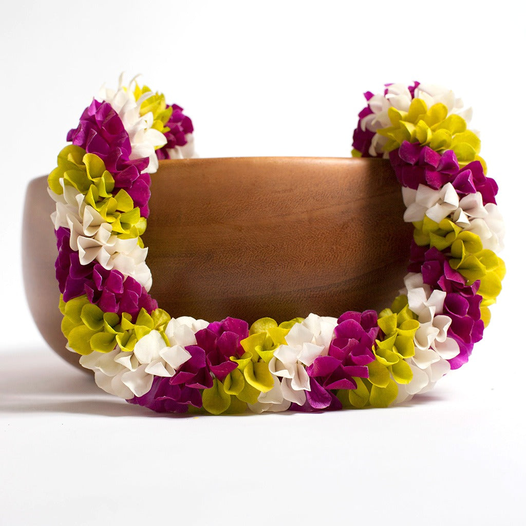 MIXED COLOR ORCHID SPIRAL LEI WITH FREE SHIPPING - WHITE + GREEN + PURPLE