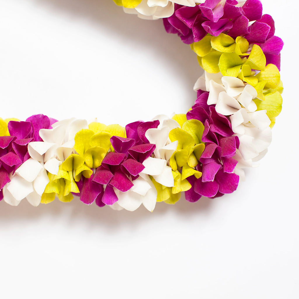 MIXED COLOR ORCHID SPIRAL LEI - WHITE + GREEN + PURPLE