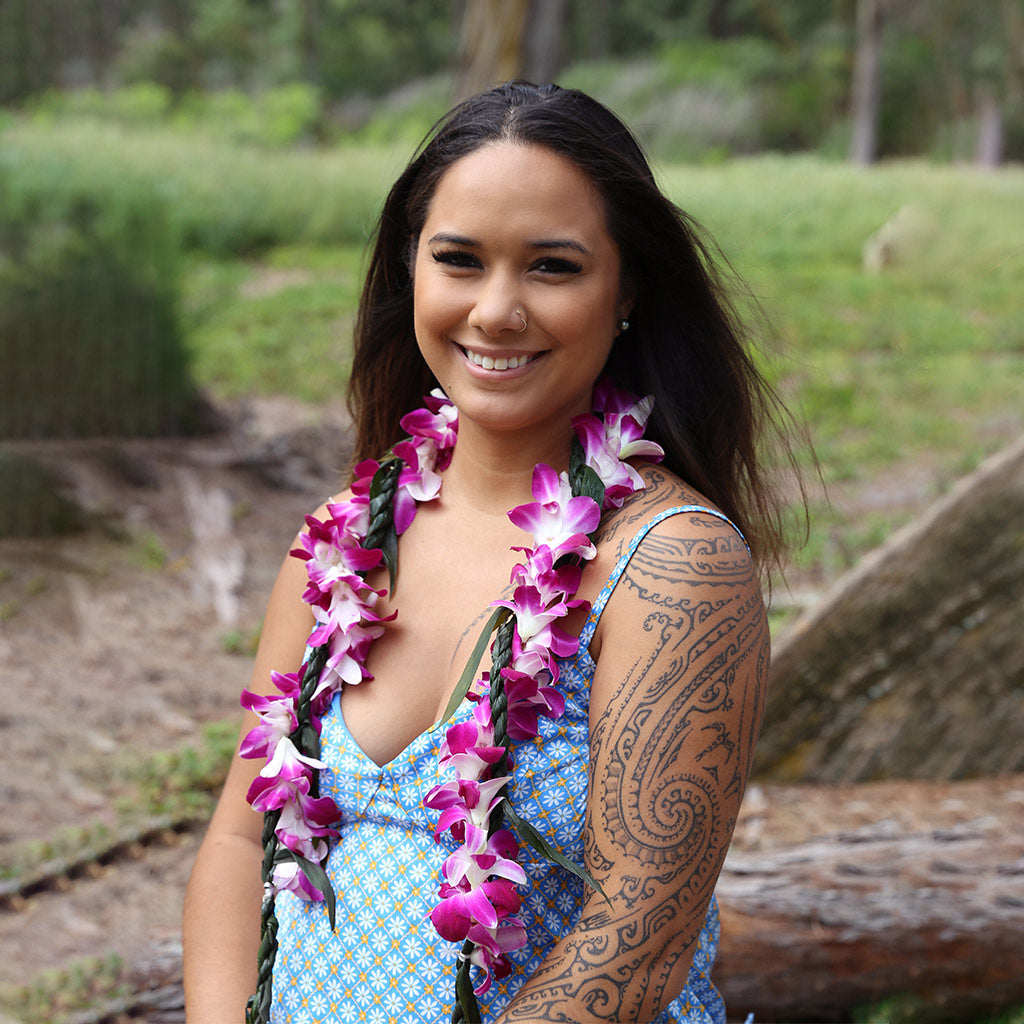 TI LEAF LEI WITH PURPLE ORCHID WRAP